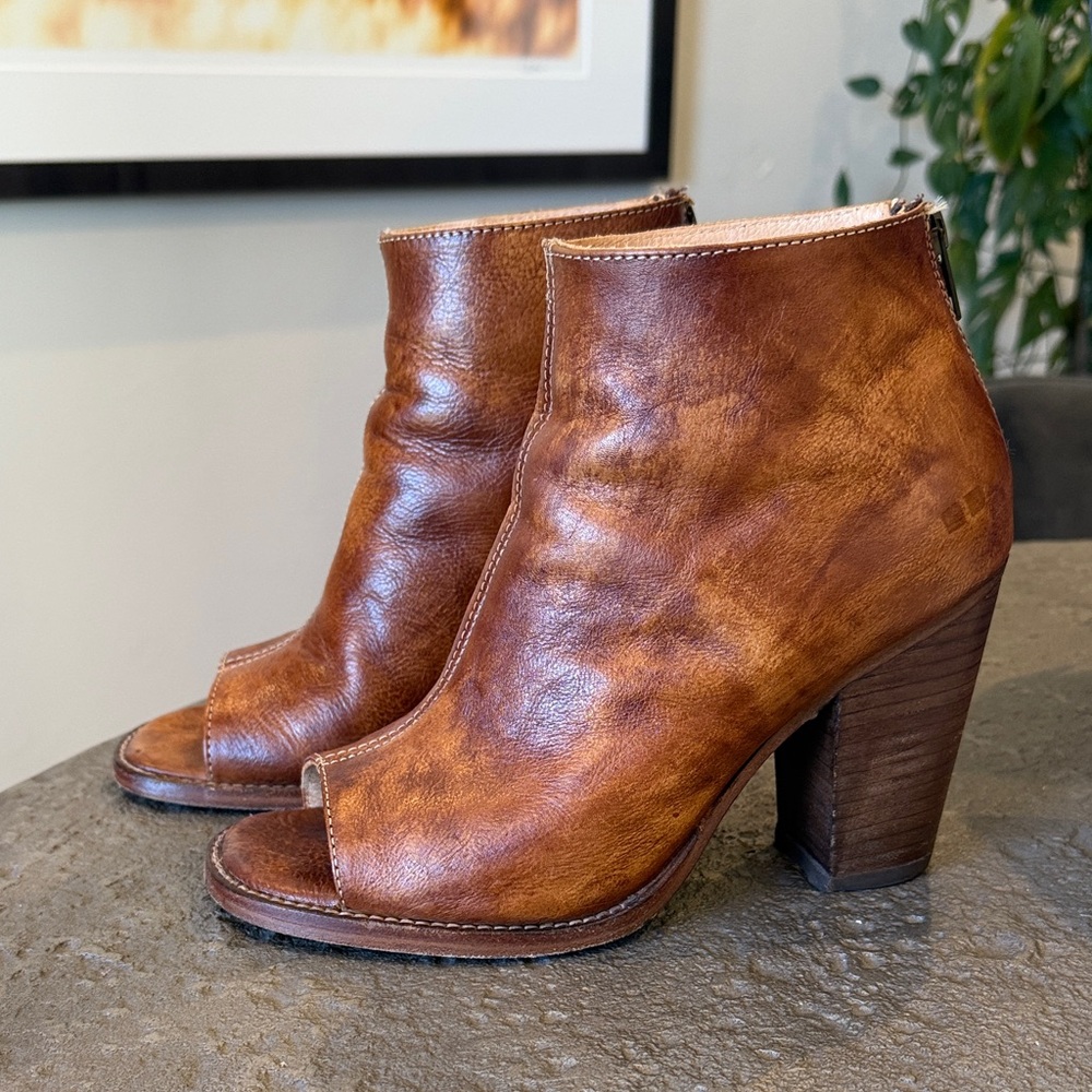 BED|STU Tan Leather Peep-Toe Ankle Booties